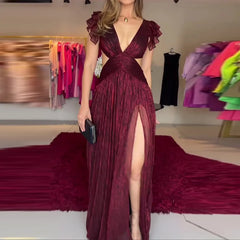 JazzHer Vestidos Party Dress Women V Neck Pullover Solid Hollow Floor Length Dresses Loose Sexy Formal 2024 Summer Petal Sleeve