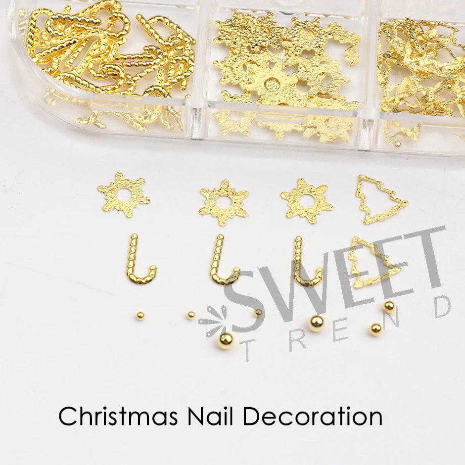 JazzHer Winter Gold Charm Nail Art Decoration 3D Hollow Christmas Tree Snowflakes Beads Design Metal Jewelry Manicure Flakes Parts LYS50