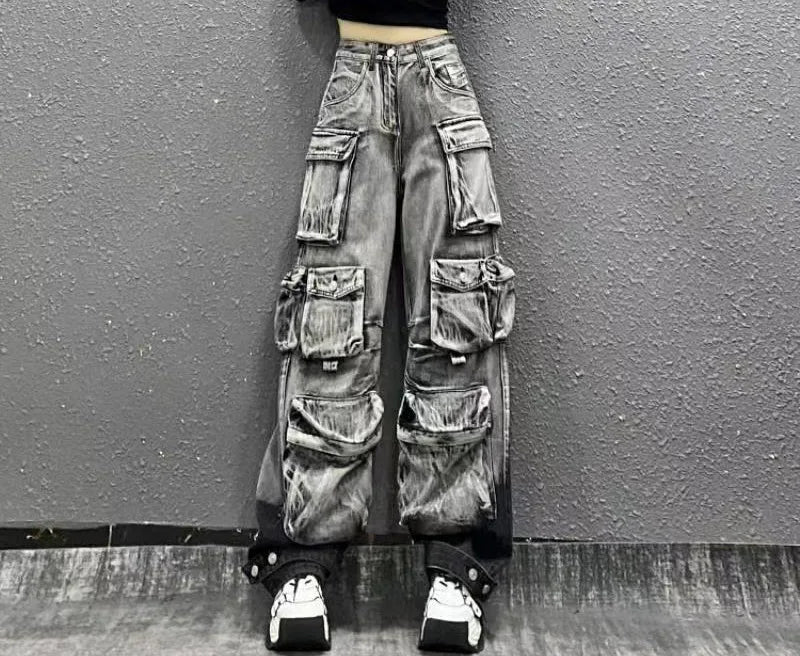 JazzHer Women Vintage Gradient Multi Pockets Button Denim Trousers 2024 Autumn Streetwear Female Washed Denims High Waist Cargo Jeans