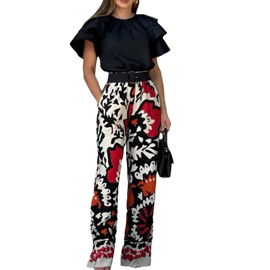 JazzHer Two Pieces Pant Sets Print Pullover Tops Wide Leg Pants Loose Casual Women Matching Sets Ruffles 2024 Pockets Ankle Length