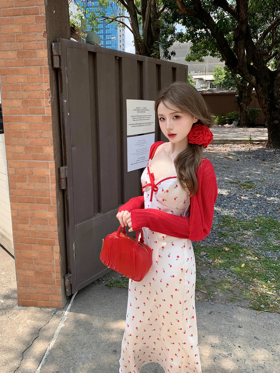 JazzHer 2024 New Sweet Sexy 2 Piece Dress Set Wonan Red Short Cardigan Print Sleeveless Midi Dress Party Korean Fashion Suit Female