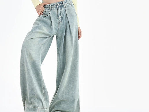 JazzHer Full Length Denim Pants Distressed Women Straight Wide Leg Jean Vintage Spliced Jeans Loose High Waist Washed Casual Solid