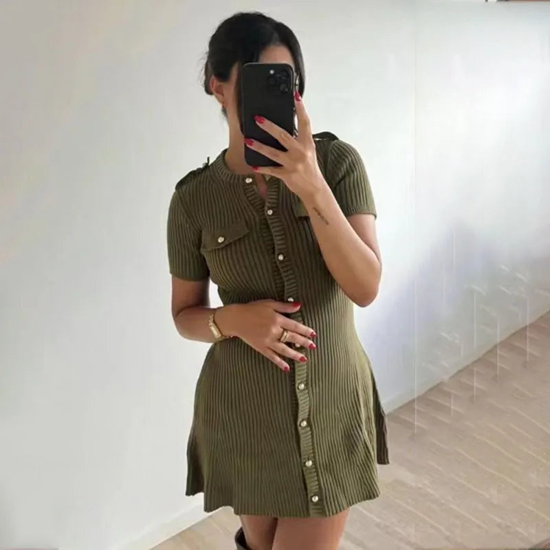 JazzHer Metal Button Knitted Short Sleeve Dress Women's Retro Elegant Mini Sweater Dresses Solid Color Club Party Vestido Female