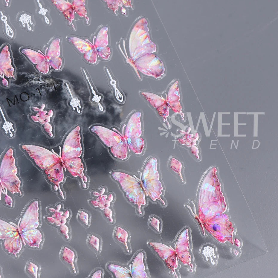 JazzHer 5D Acrylic Aurora Shell Butterfly Nail Stickers Decals Kawaii Design Cartoon Embossed Sliders DIY Manicure Art  Accessories Tips