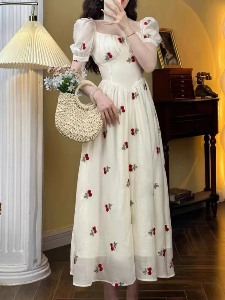 JazzHer New Summer Floral Midi Dress Women Elegant Vintage Casual Chic A-Line Party Dresses Birthday Clothes Female Prom Robe Vestidos