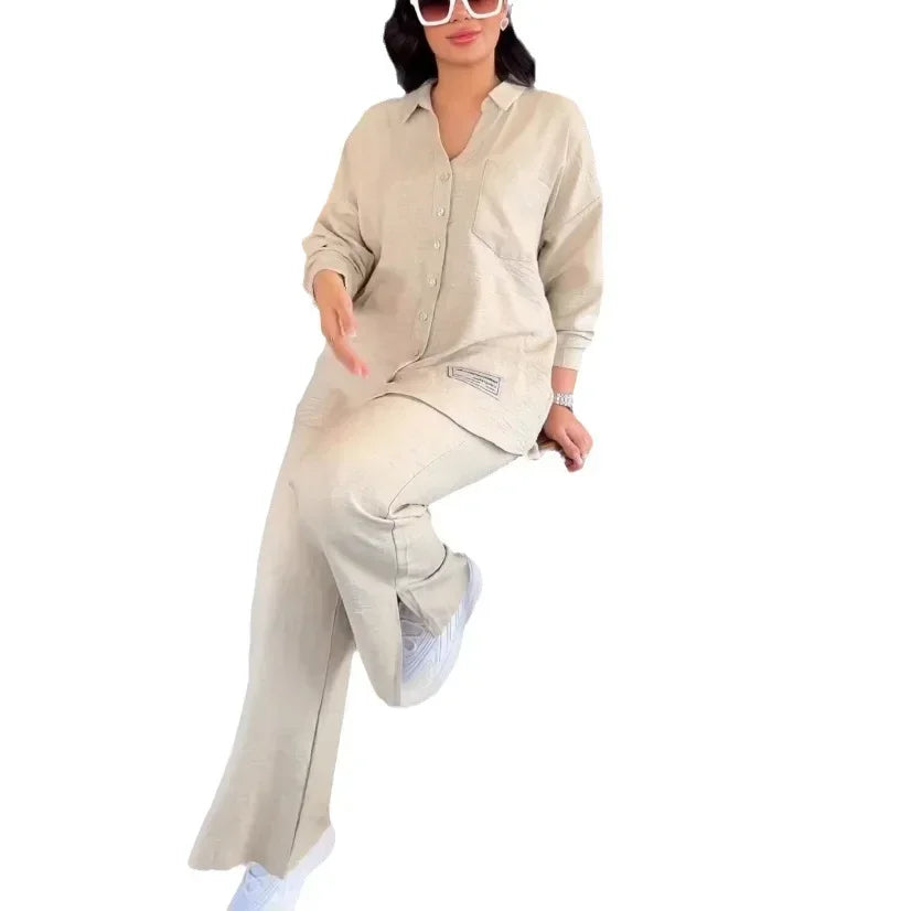 JazzHer Women shirt Tracksuit Two Pieces Set Long Sleeve Turn Down Collar Single Breasted Button Blouses Pockets Wide Leg Pants Casual