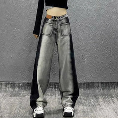 JazzHer Women Jeans Loose High Waist Vintage Wide Leg Pants Pockets Denims Full Length Streetwear Female Denim Straight Trousers