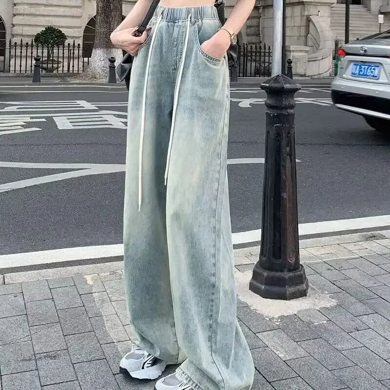 JazzHer Vintage Drawstring Jeans Women Straight Wide Leg Pants High Waist Pockets Full Length Trousers 2024 Female Denims Streetwear