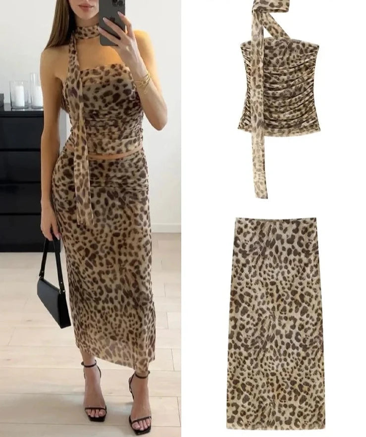 JazzHer Vintage Skirt Set For Women 2024 Spring Leopard Print Causal Suit High Waist A-Line Skirt+Halterneck Off-Shoulder Tube