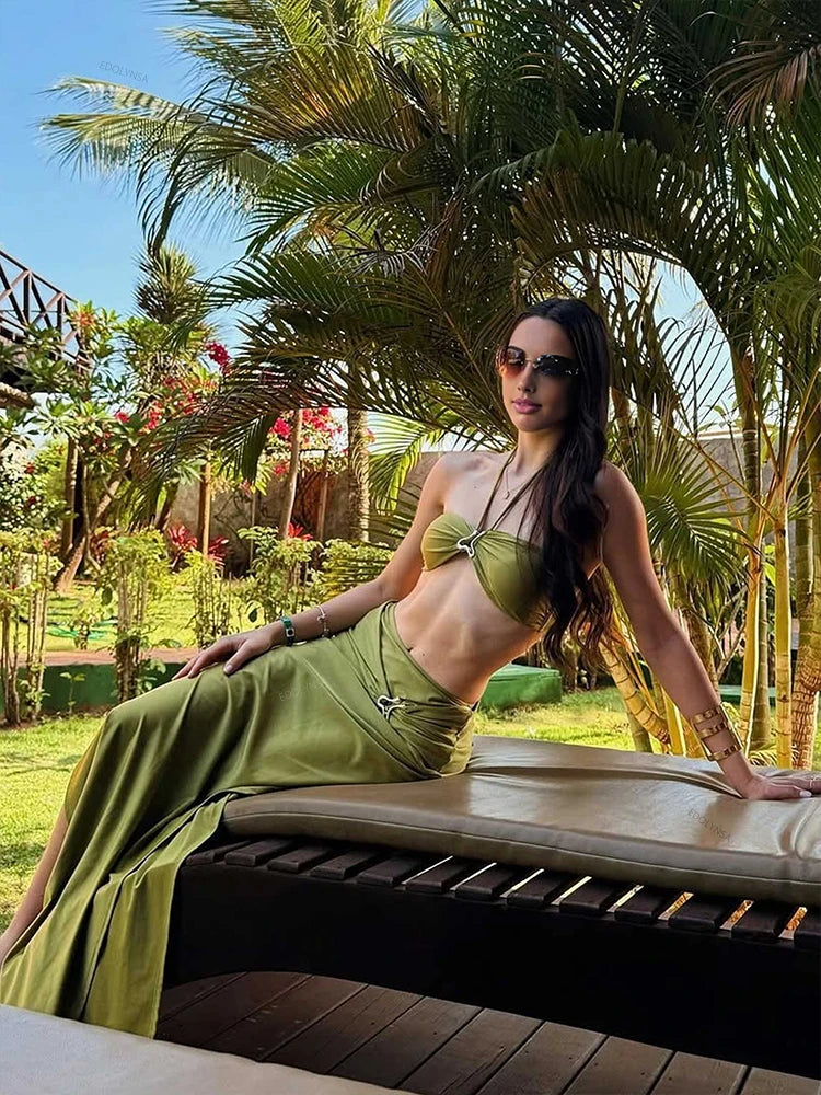 JazzHer 3 Pieces Bikini Sets Female Swimwear 2025 Sexy Bandeau Swimsuit Halter Bathing Suit Cvoer ups Beach Maxi Dress Long Skirt K154
