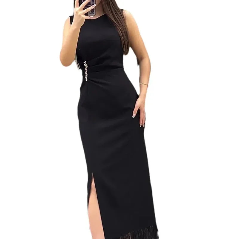 JazzHer Dress Women Sexy Tassel Long Dress Sleeveless Slim Fit Wrap Hip Round Neck Elegant Splice Sheath Vestidos Solid Summer