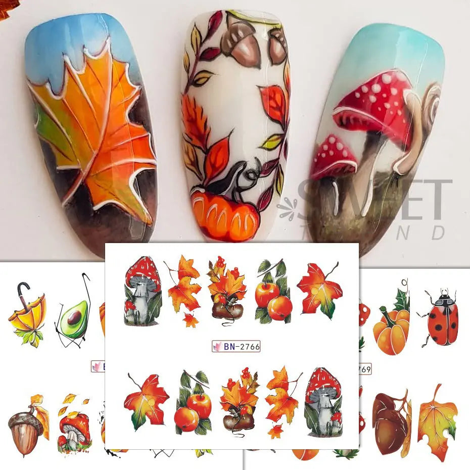 JazzHer 12pcs Autumn Maple Leaf Nail Sticker Pumpkin Fall Nail Decals Mushroom Water Transfer Slider Nail Decoration Foils Accessories