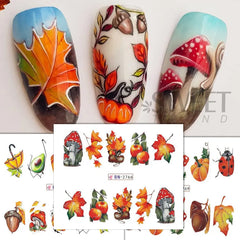 JazzHer 12pcs Autumn Maple Leaf Nail Sticker Pumpkin Fall Nail Decals Mushroom Water Transfer Slider Nail Decoration Foils Accessories