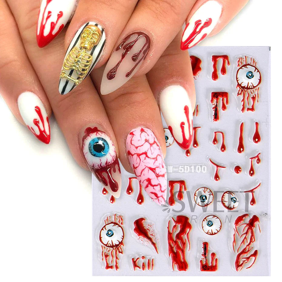 JazzHer 5D Acrylic Bloodshot Lip Eyes Nail Embossed Stickers Evil Eye Sexy Belt Decal Spooky Spider Halloween Charm Manicure Decor Wraps