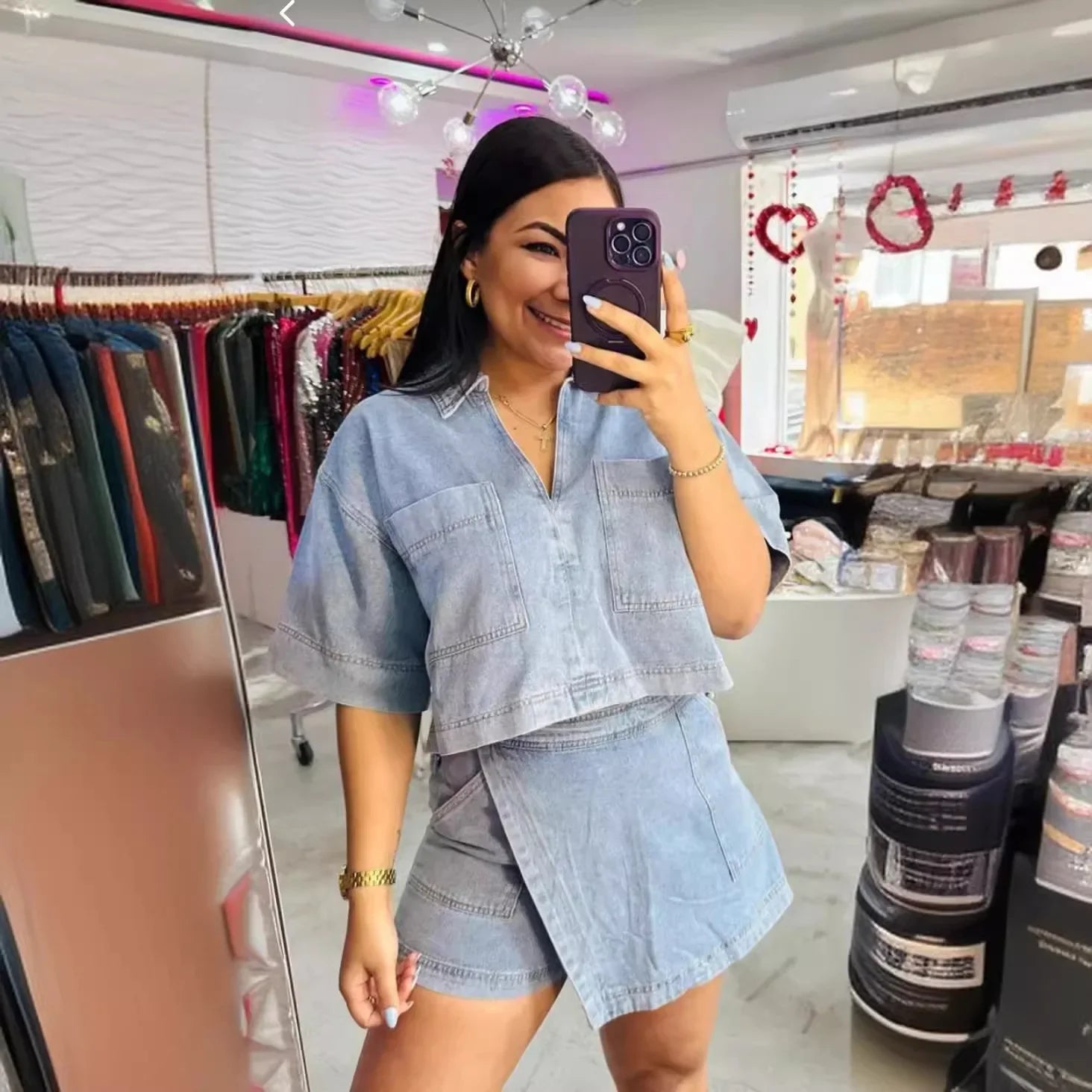 JazzHer Two Piece Sets Women Cowboy Outfits Casual Shirt Polo Neck Pockets Spliced Shorts Skirt Irregular Suits Summer Female Ensemble