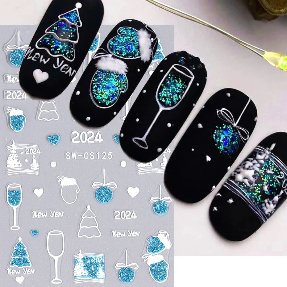 JazzHer New Year Nail Stickers 2024 Countdown Clock Design Champagne Baubles Shiny Glitter Sliders Nails Star Bow Bell Decals Manicure