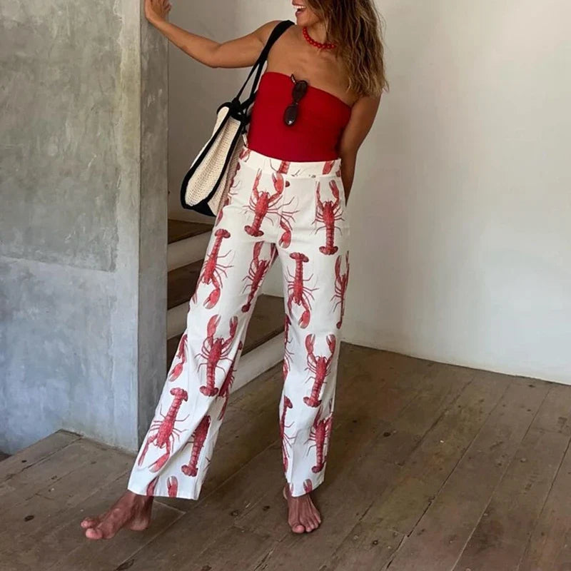 JazzHer Summer Outfits Women Vintage 2 Piece Set Lobster Print Front Tie-up Puff Sleeve T-shirt + Wide Leg Long Pants Lounge Streetwear