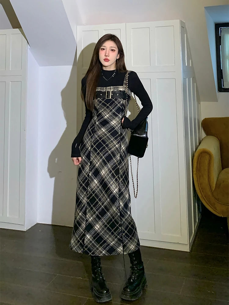 JazzHer 2024 Autumn Elegant Plaid  2 Piece Dress Set Women Outwear Casual Black Blouse + Vintage Slim Strap Dress Korean Fashion Suit