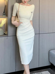 JazzHer 2024 Summer New Elegant Midi Party Dress For Women Office Lady Solid One Piece Slim Bodycon Clothing Femme Fashion Vestidos