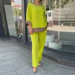 JazzHer Two Set Women Top Pants Sets Solid Color Women Suit Wide Leg Round Neck Straight Elastic Waist Lady T Shirt Trousers Elegant