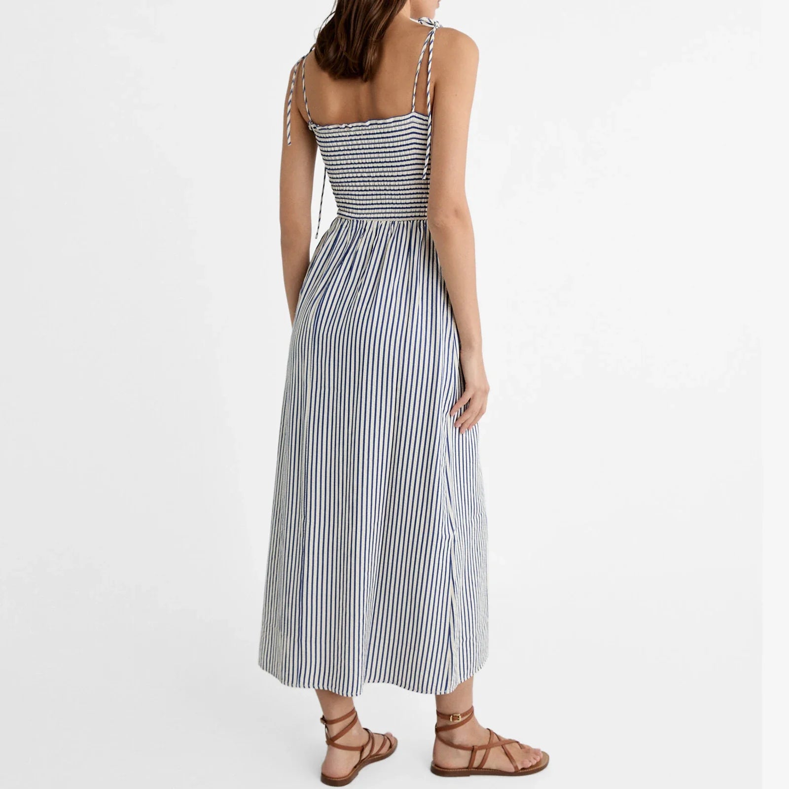 JazzHer Women Summer Casual Dresses Striped Print Sleeveless Backless Spaghetti Strap Pleated Holiday Beach Female Maxi Dress