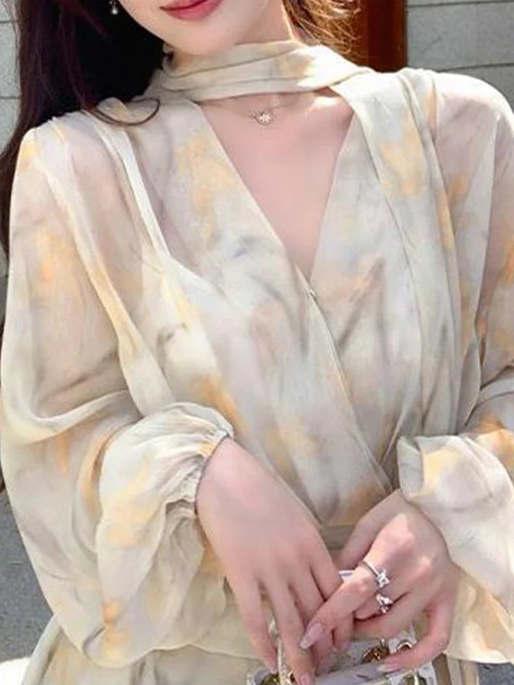 JazzHer Chiffon Dress Women Fashion Vintage Long Sleeve Dresses Print Slim Folds Puff Sleeve V Neck Mini 2024 New Spring Summer Dress