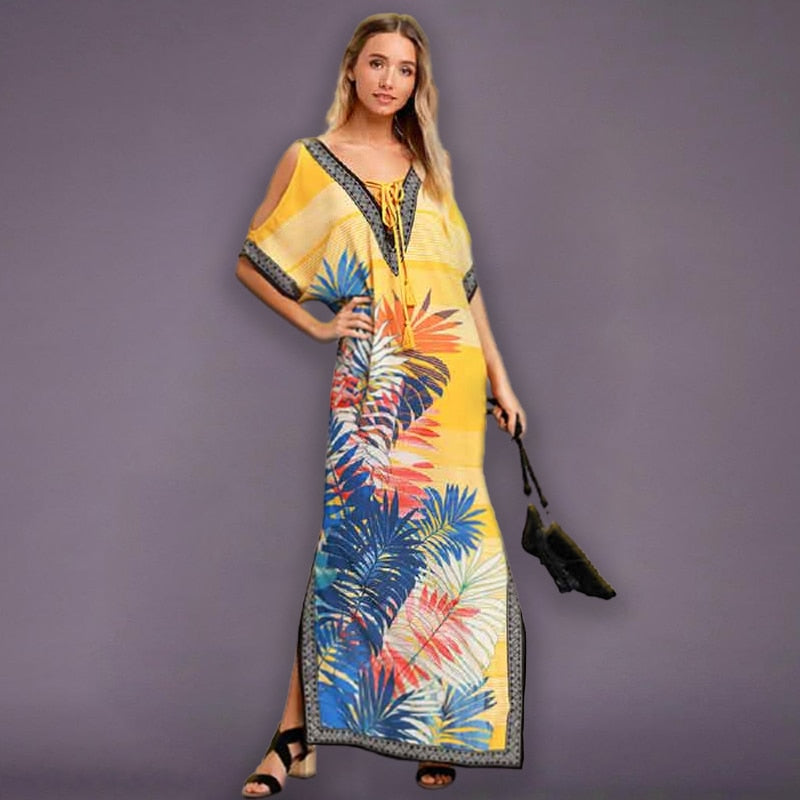 JazzHer 2024 Bohemian Printed Summer Holiday Dress Blue Tunic Women Beach Wear Kaftan V-Neck Bats Sleeve Maxi Dress Robe Q956