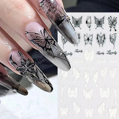 JazzHer 5D Black And White Butterfly Nails Stickers Luxury Embossed Nail Art Decals Cool Girl Text Lettering Sticker Manicure Decoration