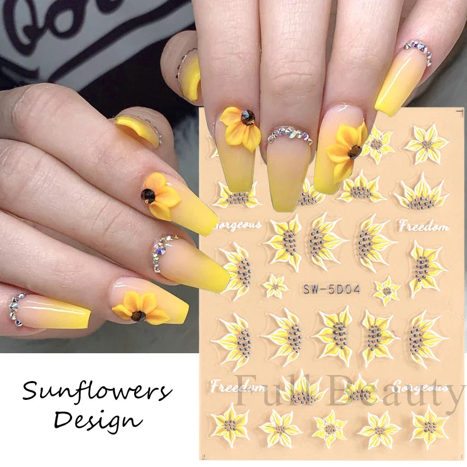 JazzHer 5D Textured Sunflowers Nail Manicure Stickers Embossed Tulip Butterfly Flowers Decal Decoration Engraved Sliders Wraps LYSW-5D04