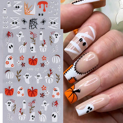 JazzHer 3D Halloween Pumpkin Nail Art Stickers Mummy Bandages Ghost Eyes Spider Web Self-adhesive Sliders DIY Winter Manicure Decoration