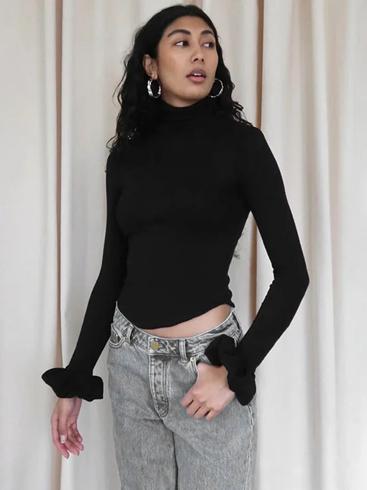 JazzHer Solid Turtleneck Slim Crop Top Female Elegant Ruffled Splice Pullovers Flare Long Sleeve 2024 Fall Winter Casual Fashion