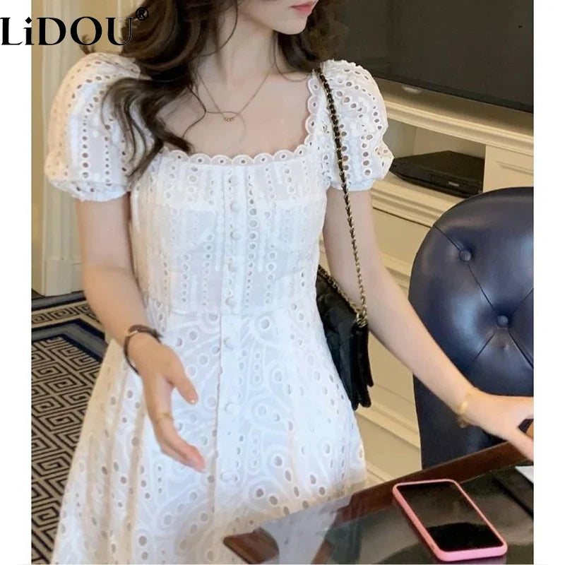 JazzHer Summer White Midi Dress Hollow Out For Women Elegant Square Collar Puff Sleeve French Kawaii Vestidos Korean Chic Dresses Mujer