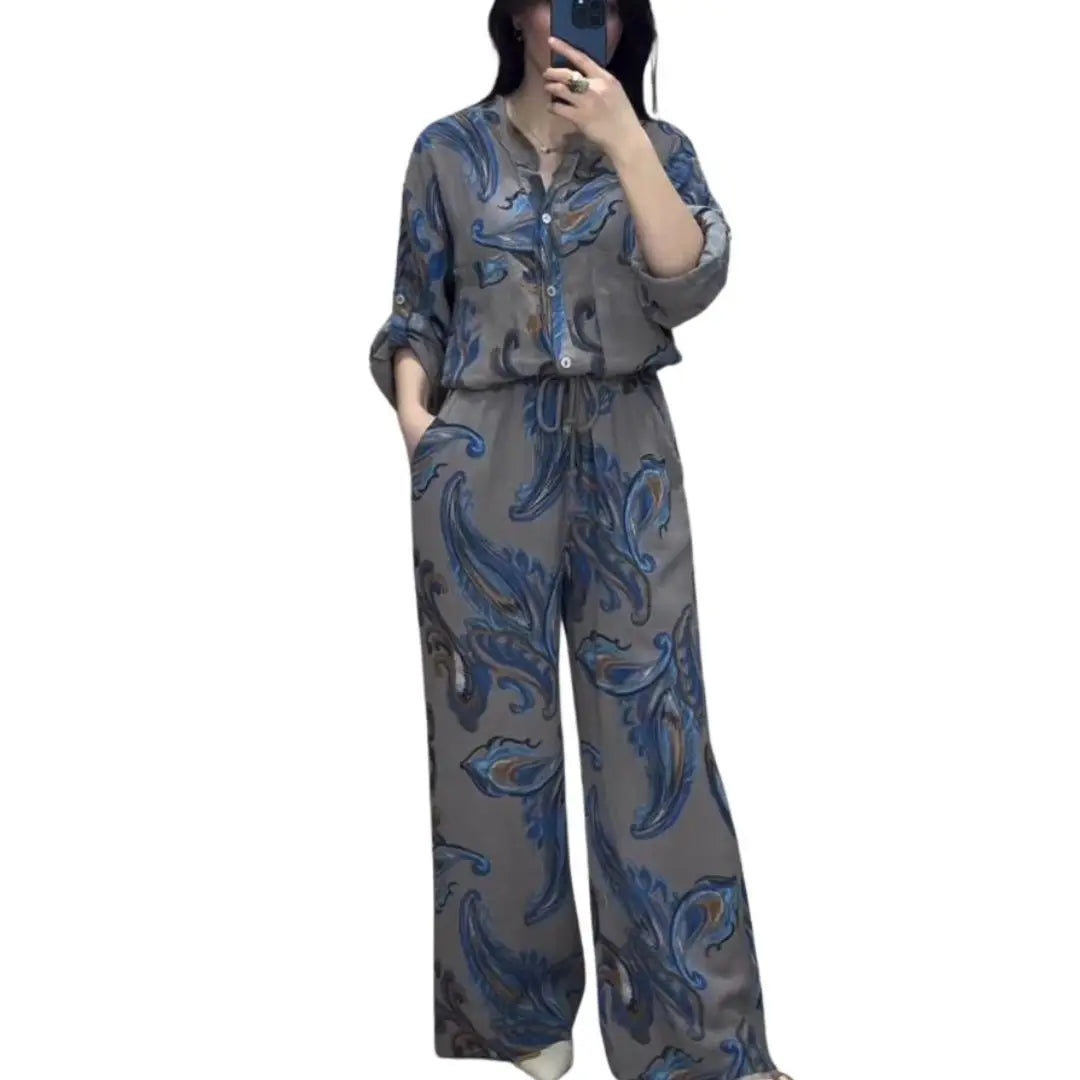 JazzHer Women Casual Outfits Two Piece Sets Blouse Print Top Single Breasted Pockets Wide Leg Pants Suit Drawstring Trousers Suits