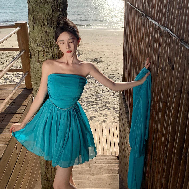 JazzHer New Summer Strapless Short Dresses for Women with Long Ribbon High Waist A-line Beach Style Party Dress One Piece Vestido Mujer