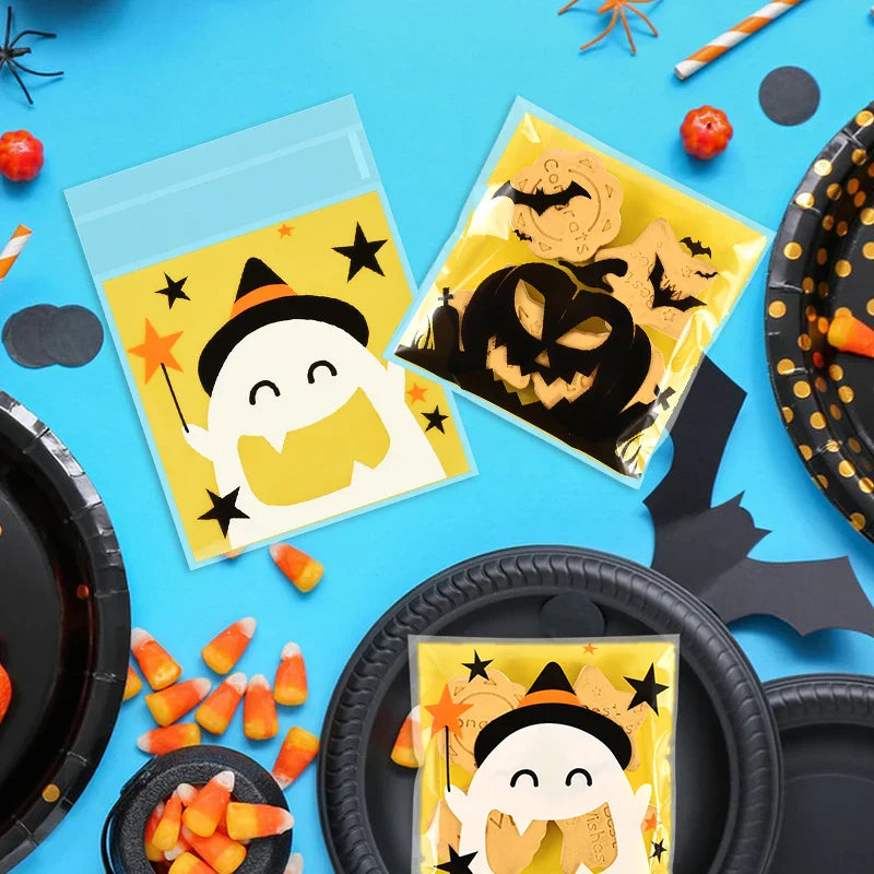 JazzHer 100pcs Halloween Candy Bag Ghost Pumpkin Plastic Cookie Gift Packaging Bags Happy Halloween Party Decoration Kids Trick or Treat