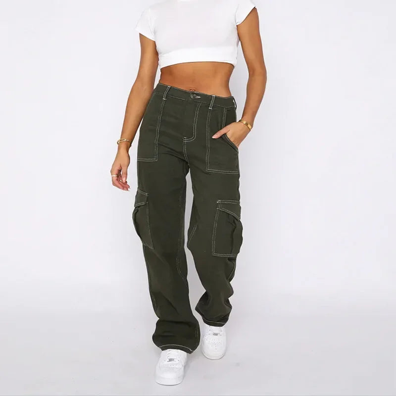 JazzHer Women Jeans High Waist Pencil Pants Zipper Fly Washing Slim Fit Denim Pockets High Street Spring 2024 Slight Strech Cargo