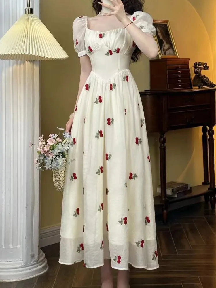 JazzHer New Summer Floral Midi Dress Women Elegant Vintage Casual Chic A-Line Party Dresses Birthday Clothes Female Prom Robe Vestidos