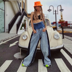 JazzHer Full Length High Waist Flare Pants Denim Women Jeans Spliced Loose Washed Pockets Distressed Loose Fit Vintage Punk Style