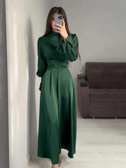 JazzHer Eid Satin women Dress for woman Abaya Party Dresses Ramadan Lace-up Islam Flare Sleeve Vestidos Largo Dubai Arab Long Robe 2024