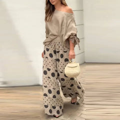 JazzHer Women Two Pieces Pant Sets Wide Leg Pants Slash Neck Pullover Tops Print Loose Pockets Matching Sets Ankle Length Casual