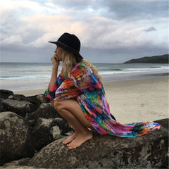 JazzHer Saida De Praia Fashion Beach Kimono Dress Women Beachwear Multicolored Bohemian Tropical Printed Ankle Length Pareo Dress Q600