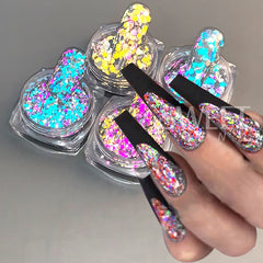 JazzHer Reflective Prism Glitter Nail Powder Flakes Sparkly Green Red Nail Art Dust Shinning Chrome Diamond Pigment Manicures Decoration