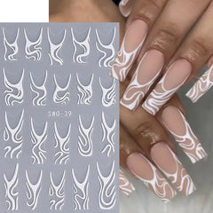 JazzHer French Abstract Lines Nail Art Stickers 3D White Swirls Lines Self-Adhesive Sliders Nail Decals Halloween Manicure Decorations