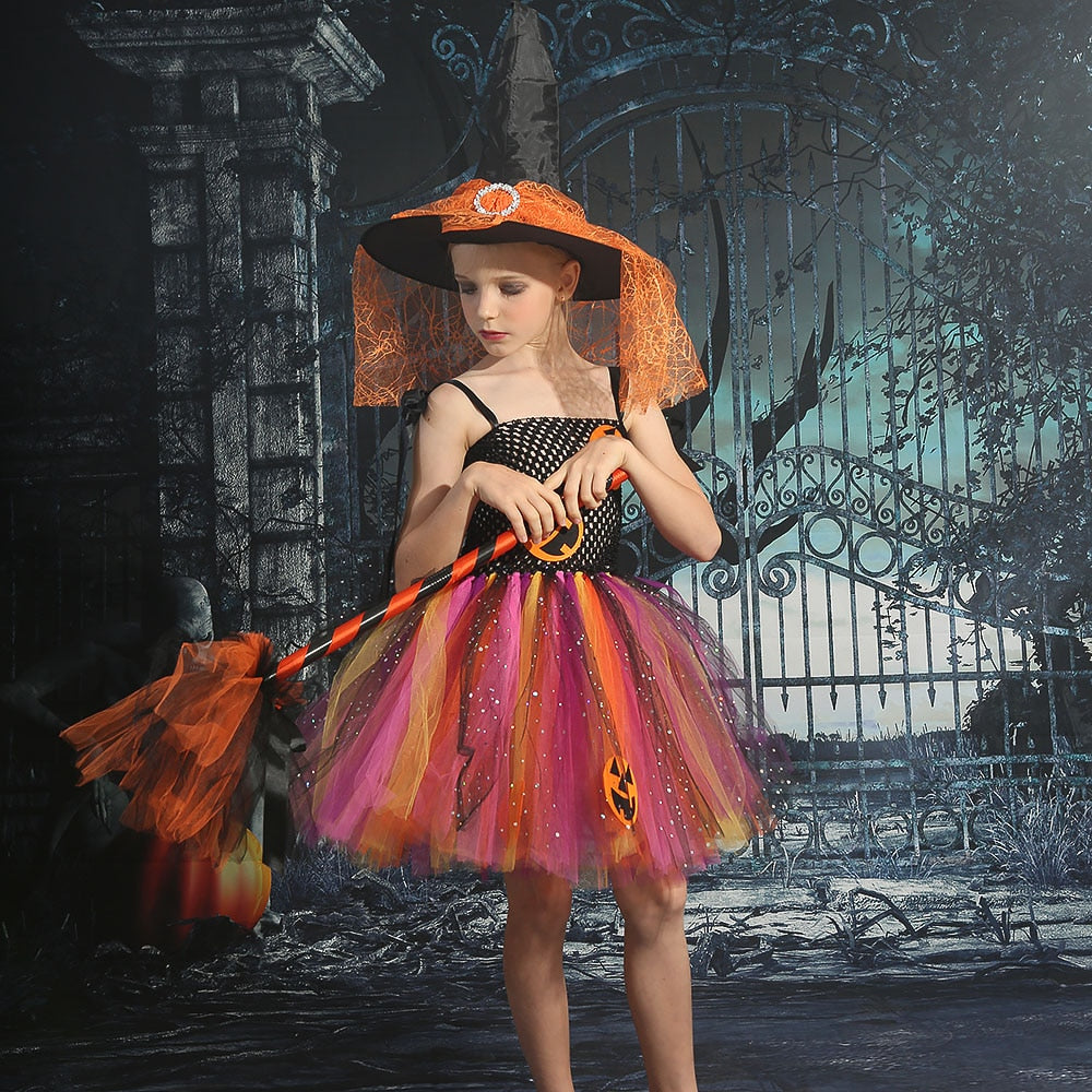 JazzHer Halloween Awakecrm Halloween Girls Tutu Dress Rainbow Tutu For Kids Carnival Party Costume Tulle Dresses With Hat Broom Pumpkin Monster Cosplay