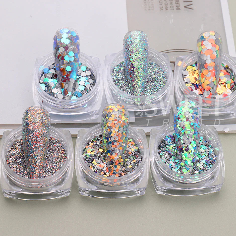 JazzHer Reflective Prism Glitter Nail Powder Flakes Sparkly Green Red Nail Art Dust Shinning Chrome Diamond Pigment Manicures Decoration