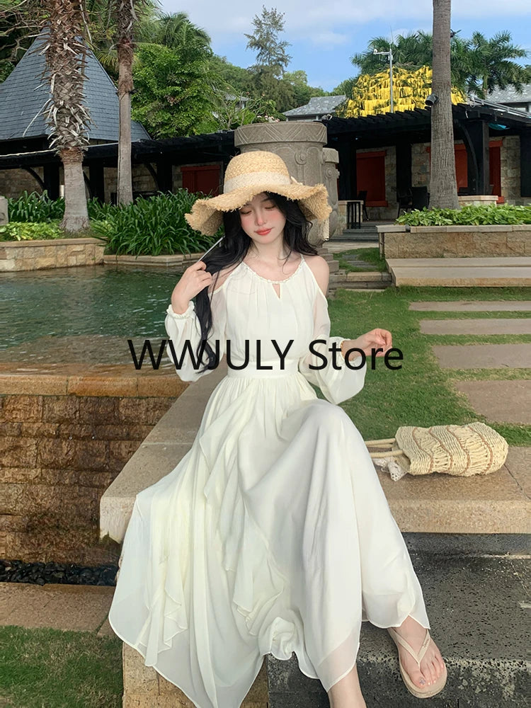 JazzHer 2024 Spring Chiffon Elegant Midi Dress Women Long Sleeve French Style One Piece Dress Korean Fashion Beach Solid Y2k Dress Chic