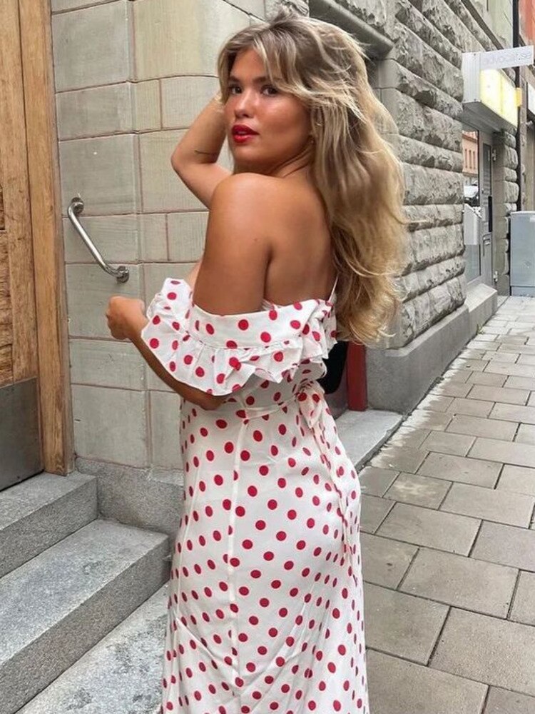 JazzHer-2024 Polka Dot Ruffles Bandage Maxi Dress Women Off Shoulder Slim Elegant Party Dress Summer Beach Holiday Sundresses