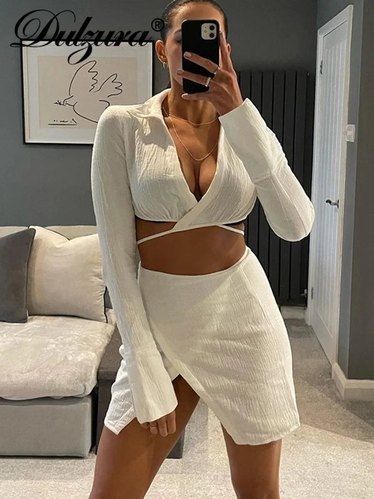 JazzHer Women Ruched Lace Up Turn Down Collar Long Sleeve Crop Top Side Slit High Waist Bodycon Mini Skirt Matching Suit Club