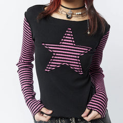 JazzHer Gothic Mall Goth Tees y2k Star Patched Striped Long Sleeve T-shirt Harajuku Grunge O Neck Slim Fit Crop Tops Streetwear