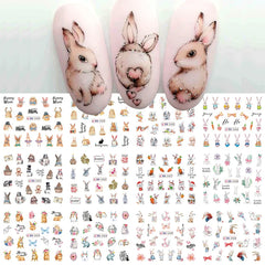 JazzHer Cute Rabbit New Year Nail Stickers 3D Cartoon Wisdom Bunny Transfer Sliders Spring Flowers Watercolor Anime Manicure Decals LYBN